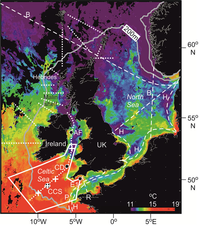 A satellite image of sea surface temperature in summer on the NW European shelf